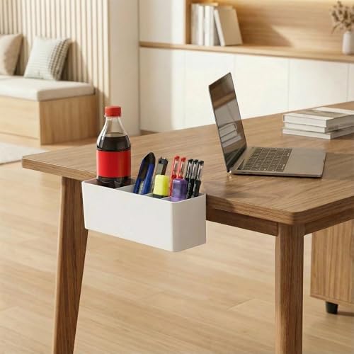 Desk Side Storage, Side Desk Organizer, No Drill Hanging Desk Organizer with 4 Large Pockets, Table Hanging Storage for Office & Home, Fits Flat Table Edge 1.26" (White)