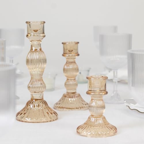 Efavormart Set of 3 Amber Gold Fluted Glass Taper Candle Holders, Ribbed Crystal Candlestick Stands 4", 6", 8" - color: Type12