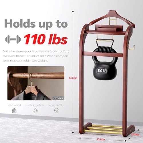 Suit Valet Stand for Men, Wood Mens Valet Stand with Base, Contour Hanger, Tray, Trouser Bar and Tie Bar, Clothes Valet Stand for Bedroom Entryway Home Living Room Office (Reddish brown) - color: Reddish brown