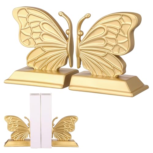 Kathfly Decorative Butterfly Bookends, Vintage Butterfly Book Ends, Resin Gold Bookends for Shelves, Heavy Duty Book Stopper for Desk Home Office, Shelf Decoration - style: Butterfly