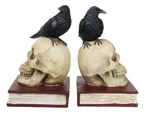 Ebros Edgar Allan Poe Harbinger of Doom and Bad Omens Raven Crow Perching On Skull with Ancient Book Pair of Bookends Statue 7.5" Tall Bibliography Gothic Macabre Ossuary Figurine As Halloween Decor