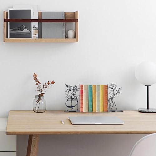Metal Flower Book Ends, Cute Book Ends for Home Office Decor Decorative Book Ends for Shelves, Ideal Gift for Book Lovers(Black) - color: Black