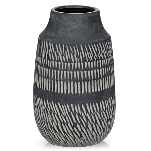 9" Textured Vase with Linear Stripe, Rustic Ceramic Vase for Home Office Tabletop Decor, Industrial, Vintage & Farmhouse Style, Slender & Dark Grey - color: 9" Dark Grey