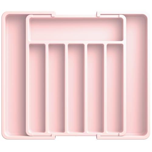 Aujen Silverware Organizer - Expandable Kitchen Drawer Organizer, Adjustable Utensil Organizer, Cutlery Tray for Forks, Knives, Multipurpose Kitchen Organizers and Storage Solution, Pink, Large - color: Pink, size: Large