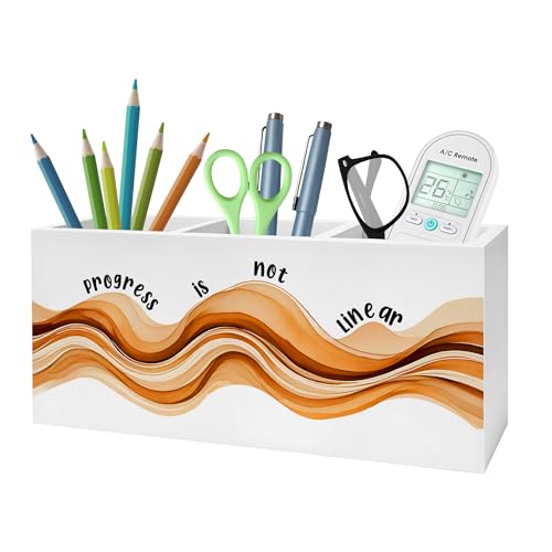 Inspirational Mental Health Pencil Pen Holder for Desk, Progress Is Not Linear Wooden Pencil Holder Organizer for Therapy Office Desk Accessories, School Counselor Office Must Haves - color: Color-Desk accessories white 09