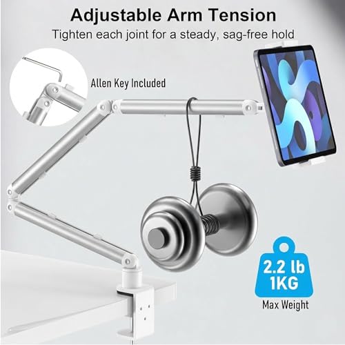 iPad Holder for Desk, Adjustable Tablet Arm iPad Desk Mount with C-Clamp, 30" Foldable Long Arm & 360° Rotation, Fits 4.7"–15.6" iPad Pro/Air/Mini, Phones & 15.6" Portable Monitors for Desk Use, White - color: White