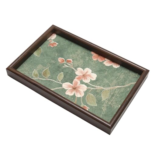 Wooden Valet Tray with Floral Base, EDC Catch All Tray Nightstand Entryway Table Vanity Organizer 11.8x7.9, Green Vintage Blossoms - color: Green Blossoms