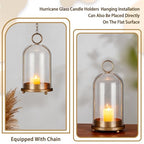 Large & Small Cloche Glass Dome Candle Holders - Glass Hurricane Candle Holder,Gold Candlestick & Lanterns Set of 2 Can Be Placed Desktop Hung,for Pillar Candles,Plants Decorative