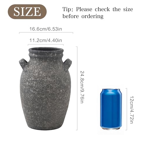 Enra 9.76" Farmhouse Rustic Ceramic Vase, Dark Grey Textured with Double Handles, Waterproof for Dried & Fresh Flowers, Home Decor Centerpiece Gift - color: 013-1