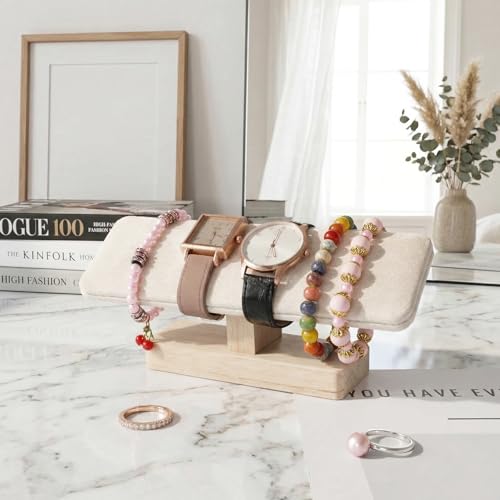 Watch Stand, Wooden T-Bar Velvet Bracelet Holder Jewelry Organizer Jewelry Organizer Holder for Home Use Retail Display, Space Saving Bangle Pendants Tower Rack