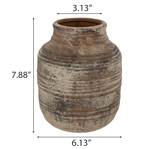Hobby Lobby Beige Distressed Decorative Ceramic Vase, Rustic Beige with Dark Distressing, Ribbed Texture, 7.88" H x 6.13" W,Office and Home Decor
