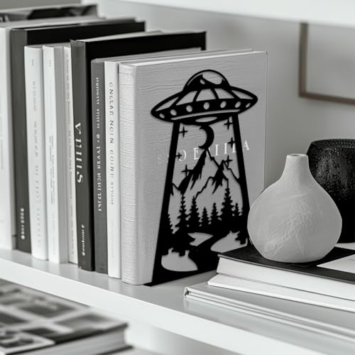 Peacoblue Metal Bookends for Shelves, Modern Decorative Heavy Duty Study Book Support Stoppers for Office, Desk, Shelf, Room 5.3"x4.3"x7.9" Cast Iron Simple Tall Bookends, 1 Pair (UFO) - style: UFO