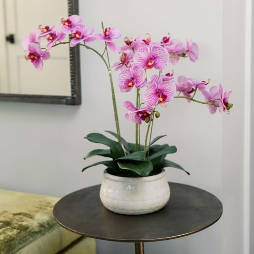 CG Hunter Faux Orange Orchid Plant, Premium Artificial Indoor Flower Display Stands 23”, Beautiful Sculptural Blooms That Lasts Forever, White Planter Pot Included - size: 23" Purple Orchid