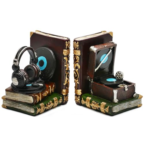 Vintage Bookends Decorative Headphone Record Player Book Ends Unique Music Lovers Book Stopper Heavy Duty Bookends for Desk,Shelves,Home Office Decor,Vintage Gifts