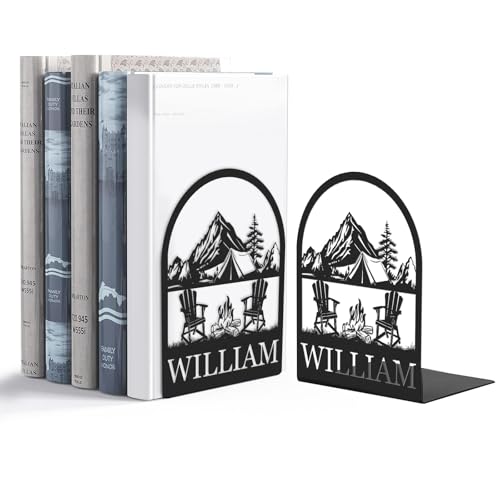 Personalized Name Metal Book Ends 2 Pcs, Modern Bookends for Shelves, Book Stopper for Heavy Books, Camping Bookshelf Decor, Book Organizer for Desk, Book Holders for Home Office, Gifts for Camper - color: Color03 Camping