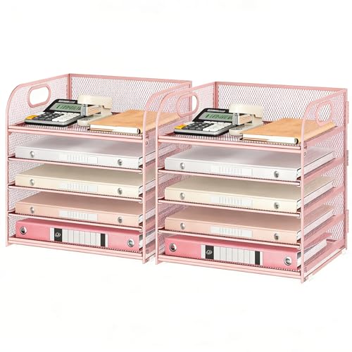 Lavatino Desk Paper Organizer with Handle, 2 Pack 5-Tier Pink Mesh Desk File Folder Holder Letter Tray Sorter Organizer for Office, Home or School - color: 5 Tier 2p - Pink, size: 12.6" x 9.1" x 11.5"