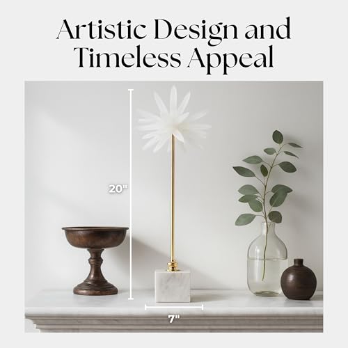 Mystique Large Starburst Statuary – Modern Decorative Object with Marble Base, Metal Stem and Sculptural Flower Top – Contemporary Home Decor Accent for Shelves Tables and Desks, 20", Gold & White - size: 20"