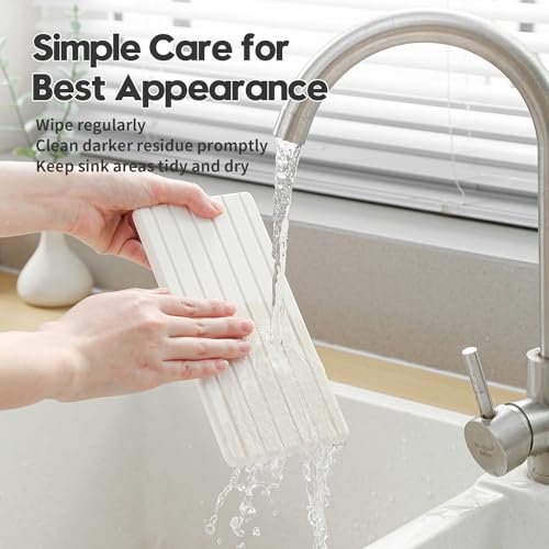 Razborci 2PCS Water Absorbing Stone Drying Tray Mat For Bathroom Sink & Kitchen Counter Faucet Organizer Decor, Quick Dry Dish Soap Dispenser Sponge Holder, Vanity Sink Caddy Bar Coaster,White-8"*3.8" - color: 2pcs - 8"x 3.8" - White