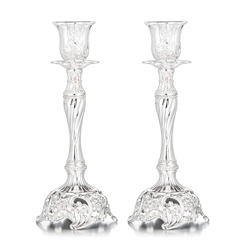 Sziqiqi Silver Plated Candlestick Holders Set of 2 Taper Candle Holders Deluxe Ornate Candle Holders for Shabbat Taper Candles, Candle Centerpiece, Wedding Candles, Christmas Candle, 7.4inch - color: Silver