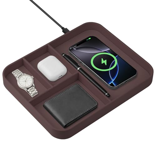 VOVIPO Faux Leather Valet Tray,with 2 in 1 Wireless Charging Compitable With iPhone/17/16/15/15 Plus/15 Pro/15 Pro Max/14/13/12/Wireless earphones,Office/Home Desk Organizers Tray-Brown - color: Brown