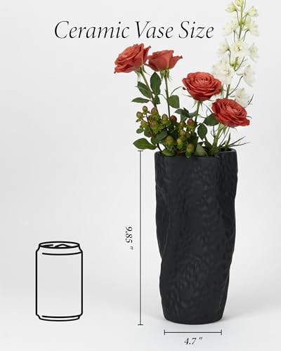 Black Matte Ceramic Vase, 9.9 Inch Organic Nature Shape, OOSTONEE Modern Wabi Sabi Decor Gothic Unique Flower Vase for Home, Living Room, Bedroom, Dining Table, Centerpiece Decor - color: Black