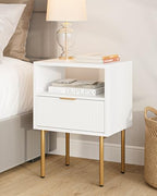 Masupu Nightstand,Mid-Century Modern Bedside Table with Storage Drawer and Open Wood Shelf,Small Gold Frame Side Table for Bedroom,Living Room,White - color: A.white, style: 1 Drawer