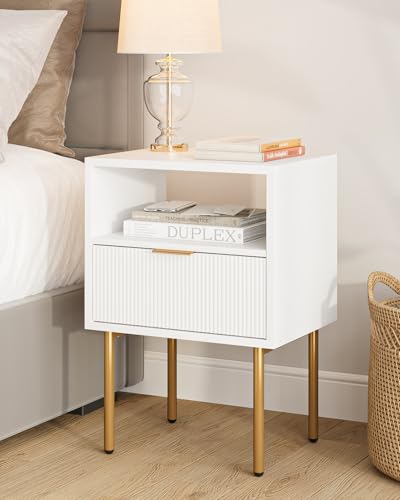 Masupu Nightstand,Mid-Century Modern Bedside Table with Storage Drawer and Open Wood Shelf,Small Gold Frame Side Table for Bedroom,Living Room,White - color: A.white, style: 1 Drawer