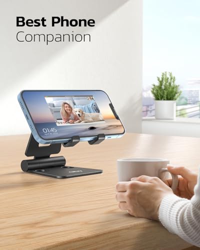 Nulaxy 2 Pack Fully Aluminum Dual Folding Cell Phone Stand, Adjustable Foldable Desktop Phone Holder for Desk Compatible with iPhone 17 16 15 14 13 12 11 Pro Max Xs Xr X 8, All Phones, Black & Silver - color: A-Black & Silver