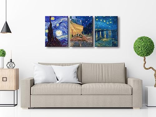 Wieco Art 3 Panels Canvas Prints of Vincent Van Gogh Paintings Reproduction Starry Night Over the Rhone Cafe Terrace at Night Canvas Wall Art for Living Room Home Office Decor - color: Van Gogh Paintings, size: 12 x 16 inches (Unframed)