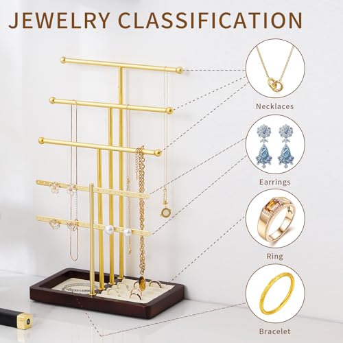 modern T-shaped jewelry rack, jewelry tower, gold metal, square ceramic base decoration display tower, necklace, bracelet, ring storage rack (4-layer wooden pallet black) - style: 4-layer wooden pallet black