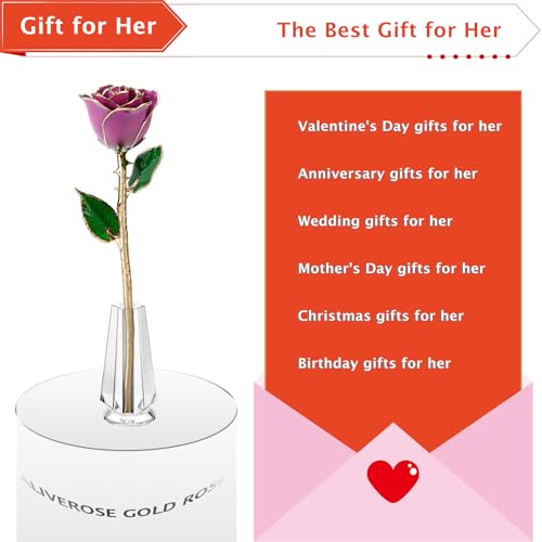 AliveRose Valentines Day Gift for Women Roses, Unique Design Gold Dipped Rose for Anniversary Valentines Mothers Day Birthday Gifts (Purple Handmade with Crystal Vase) - color: A4. Purple Handmade Rose White Crystal Vase