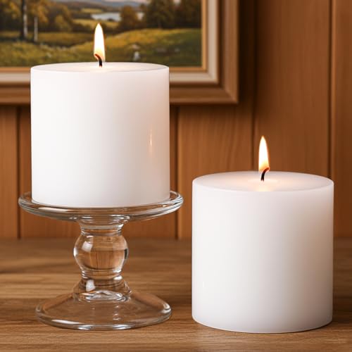 4x4 Inch White Pillar Candles, 2 Packs, 200-Hours Long Burning Time Totally, Unscented Large White Candles for Mantel Decor, Home Holiday Table Decor, Smokeless & Dripless - size: 4x4