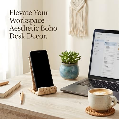 Hylara Handwoven Wicker Phone Stand for Desk - Natural Water Hyacinth Cell Phone Holder, Boho Desk Decor & Accessories, Universal Woven Stand for Home Office, Kitchen, and Nightstand