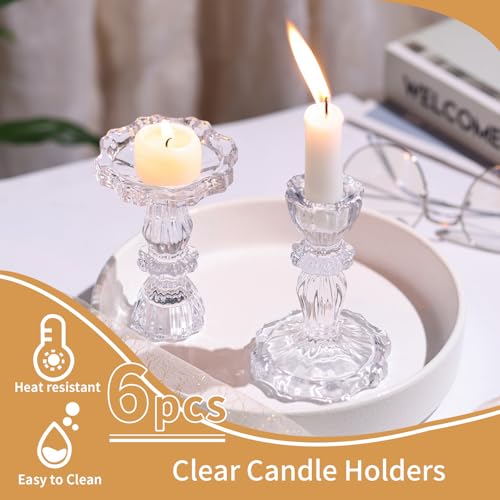 Glass Candlestick Holders Set 6PCS, Clear Taper Candle Holders Bulk, Crystal Tall Candle Holder for Table Centerpieces, Fall, Christmas, Autumn, Thanksgiving Decor - color: Clear, size: Flower
