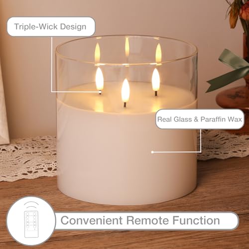 Eywamage 3 Wick Clear Glass Flameless Candle with Remote, Large Flickering LED Battery Pillar Candle Φ 6" H 6" - color: Clear Glass
