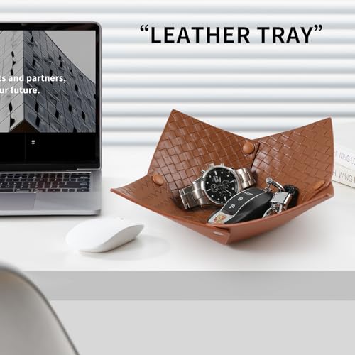 KINIVA PU Leather Jewelry Valet Tray for Men Women,Small Key Bowl for Entryway Table,Portable Travel Catchall Dice Tray (Bowl-Brown-2pcs) - style: Bowl-Brown-2pcs