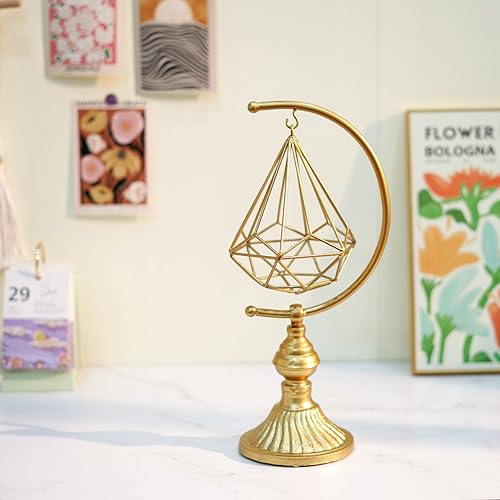HLQMFHT 5.6" W x 16.3" H Metal Geometric Abstract Sculpture on Cast Iron Base,Metal Geometric Sculpture Decor Sphere, Tabletop,Living Room,Study,Bedroom,Home Decor - color: Gold-f