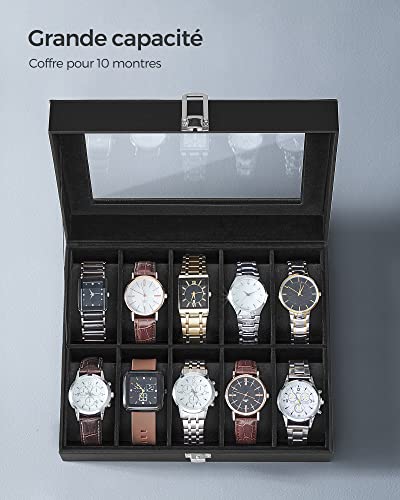 SONGMICS Watch Box, 10-Slot Watch Case Organizer with Large Glass Lid, Removable Pillows, Gift for Loved Ones, Black Synthetic Leather, Black Lining UJWB010B02 - color: Black + Black, size: 10 Slot