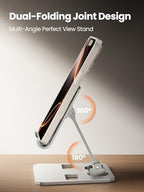Phone Stand for Desk, Dual Folding Cell Phone Holder, Fully Adjustable Portable Mobile Phone Holder for iPhone 17 16 15 14 13 12 11 Pro Max Plus Air, Galaxy S25 S24, All Phones (Silver) - color: Silver
