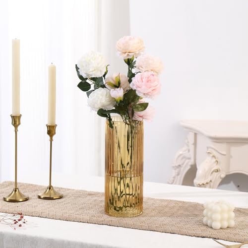 Amber Glass Vase, Flower Vase, Ribbed Glass Vase, Modern Vase for Flowers, Tall Glass Vase for Living Room, Dining Table, Office, Wedding, Bookshelf, 10 Inches - color: Amber, size: 10''
