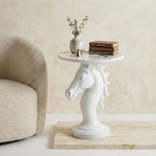 Modern Horse Statue Side Table - Round Faux Marble Top Accent Pedestal with Sculpture Base for Entryway & Living Room, White - color: White Horse