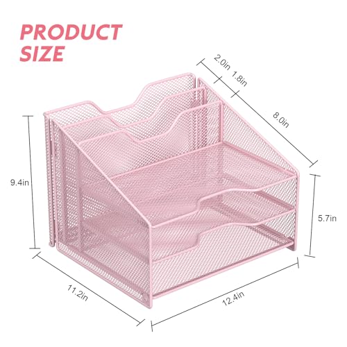 Samstar Pink Desk File Organizer, Mesh Letter File Folder Holder with 3 Paper Trays and 2 Vertical Upright Section, for Office Supplies, Desk Accessories & Workspace, Pink - color: 1 Pack Pink