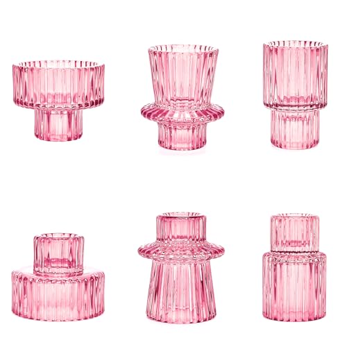 Candlestick Holders Set of 6, Ribbed Glass Taper Candle Holders, Reversible Pink Tealight & Candle Stick Candle Holder Vintage Crystal Tapered Candlestick for Wedding Dinner Party Festival - color: Pink
