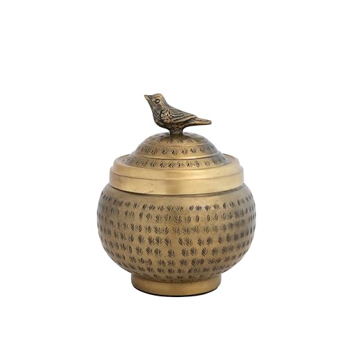 Round Hammered Metal Container with Bird Finial, Brass Finish - style: Bird
