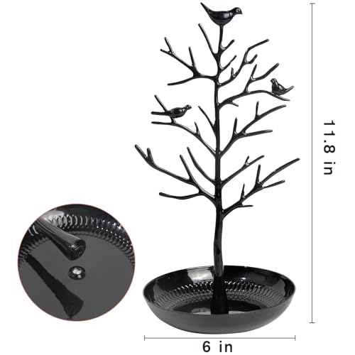 ChezMax Jewelry Display Necklace Earring Organizer Holder Metal Birds Tree Stand with Tray Antique Bracelet Rings Rack Tower Decoration for Women Girl Black 11.8 Inch - color: B-Metal Black