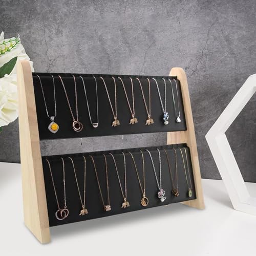 TANG SONG 1 PC 34 Grids Double-Deck Wood Leather Soft Mat Multiple Necklace Display Stand Necklace Chains Organizer Holder for Home (Black) - color: Black, size: Double-Layers