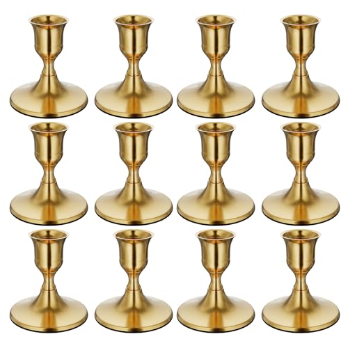 zeochyni 12PCS Brass Gold Taper Candle Holders Set, Vintage Metal Candlestick Holders for Dinner Room Table Centerpiece or Mantel Wedding Party Decor - color: Gold, size: Set of 12