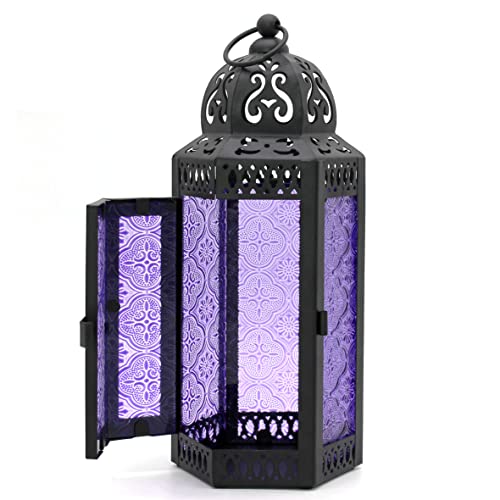 CVHOMEDECO. Decorative Candle Lantern Moroccan Lanterns Vintage Black Metal Lantern Holder for Home Patio Outdoor Decor. Purple Glass, Medium - color: Purple