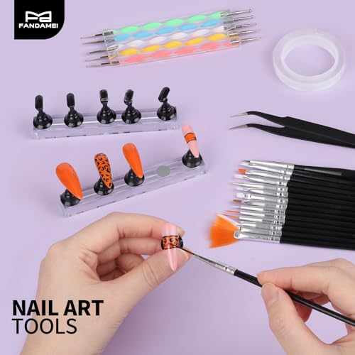 FANDAMEI Nail Art Tools, Nail Brush, 15 PCS Nail Art Brushes, 5 PCS Nail Dotting Tool, Nail Stand, Nail Holder For Painting Nails, Nail Tools, Nail Design Tools, Black - color: Black