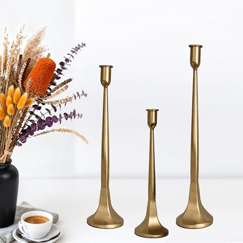 Set of 3 Taper Candle Holders, Cast Iron Candlestick Holders Tall for Wedding, Dining Table, Halloween & Fall Decor, Home Decoration (Gold, 12" 14" 15.5") - color: Gold